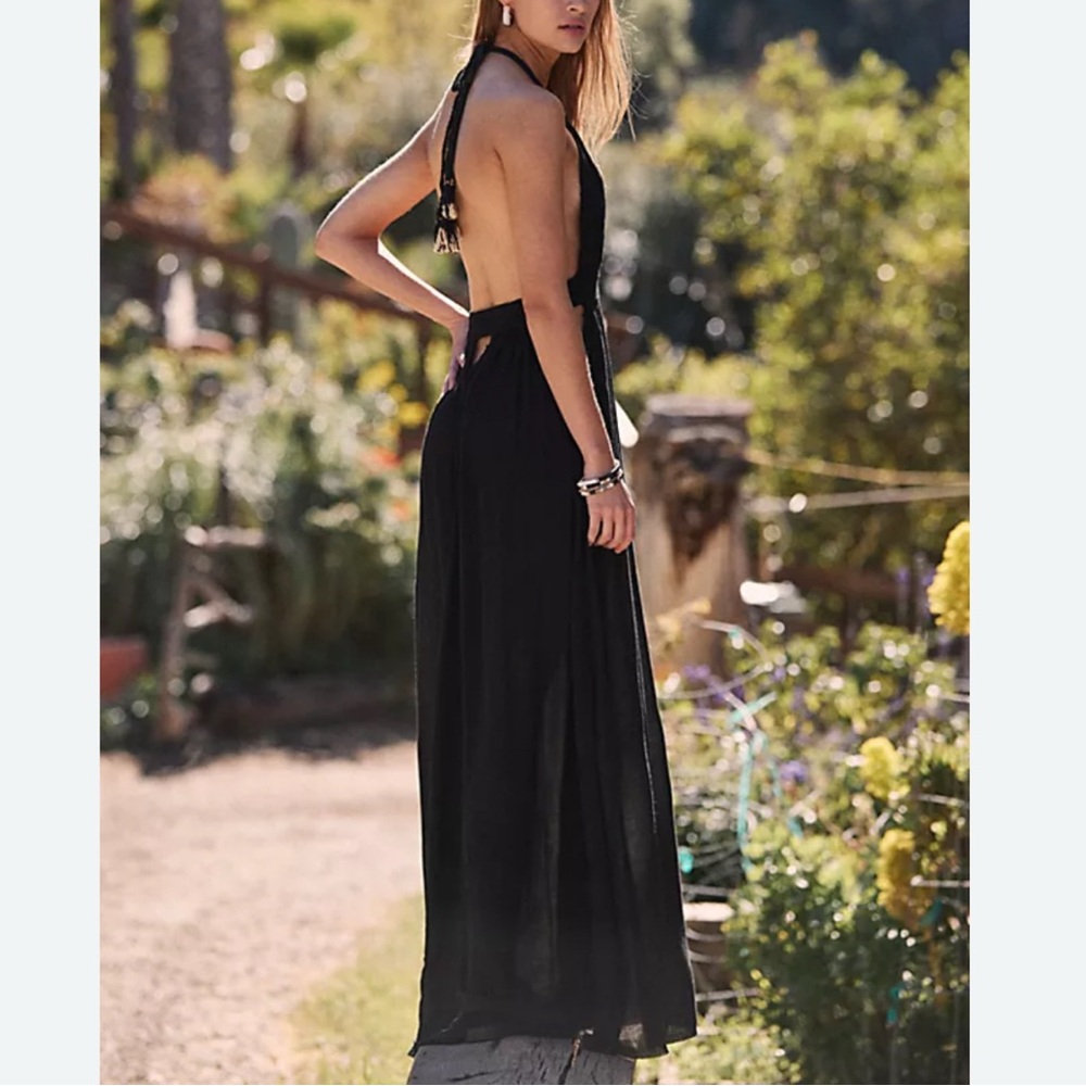 Goddess Festival Lightweight Halter Low-Back Bohemian Black Dress - Free People - Picture 7 of 11